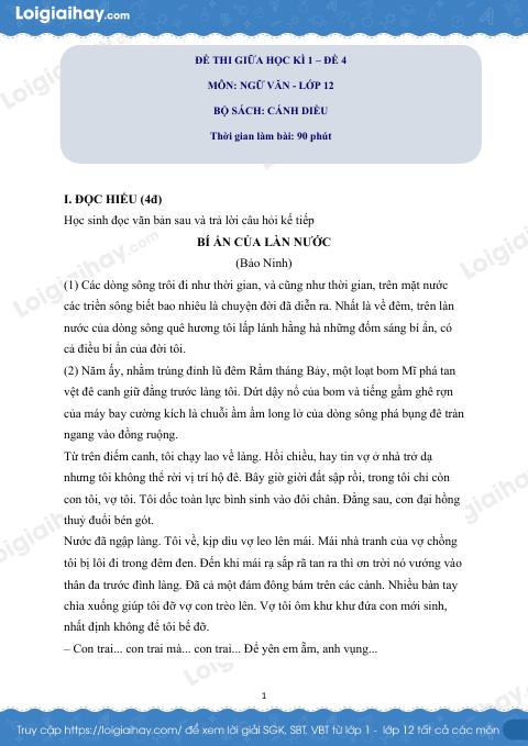 Đề thi giữa kì 1 Văn 12 Cánh diều - Đề số 4